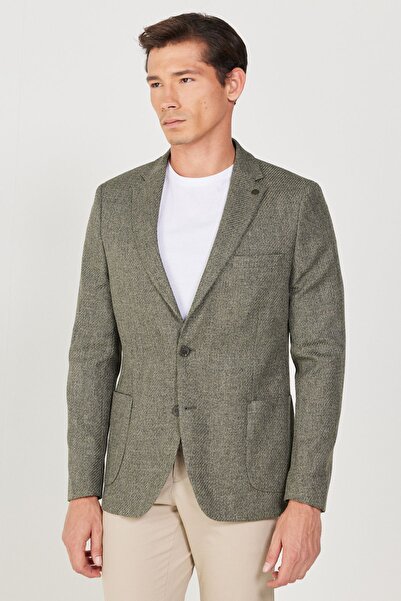 ALTINYILDIZ CLASSICS Khakifarbene Slim-Fit-Herrenjacke mit schmalem Schnitt und gemustertem Monokragen