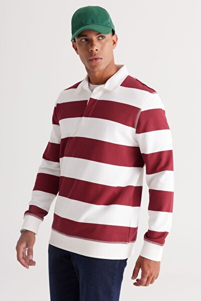 AC&Co / Altınyıldız Classics Men's Fleece Cotton Sweatshirt - Ecru-Burgundy, Polo Collar, 3 Thread, Regular Cut