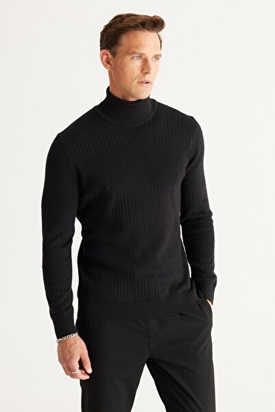 AC&Co / Altınyıldız Classics Men's Black Standard Fit Regular Cut Full Turtleneck Cotton Jacquard Knitwear Sweater