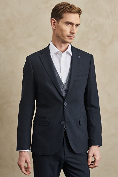 ALTINYILDIZ CLASSICS Erkek Koyu Lacivert Slim Fit Dar Kesim Mono Yaka Diyagonal Desenli Yelekli Takım Elbise