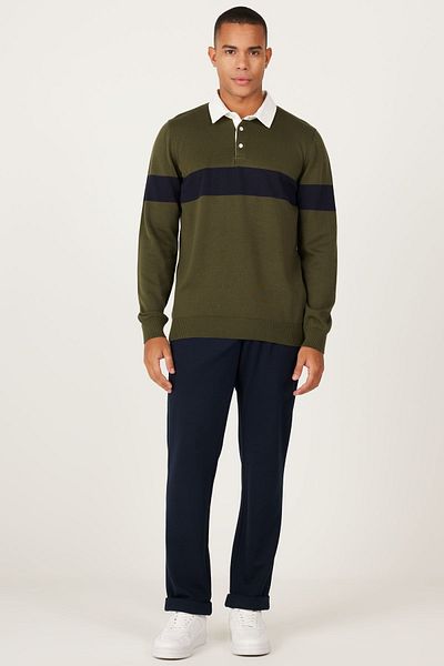 AC&Co / Altınyıldız Classics Men's Khaki-Navy Blue Standard Fit Regular Cut Polo Collar 100% Cotton Patterned Knitwear Sweater