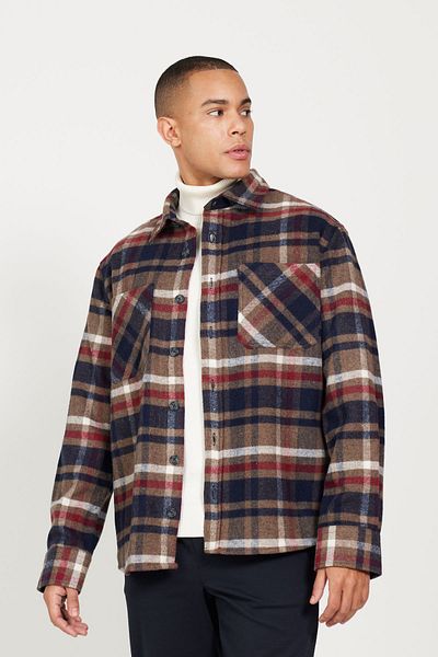 AC&Co / Altınyıldız Classics Men's Brown-Navy Blue Oversize Fit Classic Collar Checked Shirt