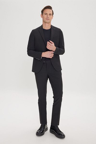 ALTINYILDIZ CLASSICS Men's Black Slim Fit Narrow Cut Mono Collar Seersucker Patterned Suit