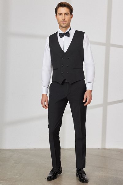 ALTINYILDIZ CLASSICS Men's Black Slim Fit Narrow Cut V-Neck Patterned Classic Vest