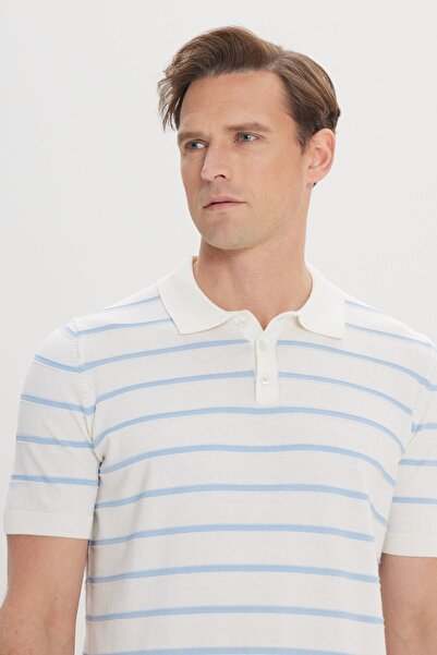 AC&Co / Altınyıldız Classics Erkek Ekru-Mavi Standart Normal Kesim %100 Pamuk Çizgili Polo Yaka Triko Tişört