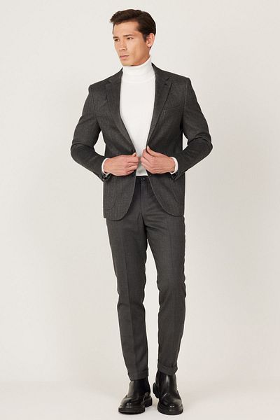 ALTINYILDIZ CLASSICS Ανδρικό μπουφάν Anthracite Slim Fit Slim Fit μονόχρωμο γιακά με σχέδιο μάλλινο σακάκι