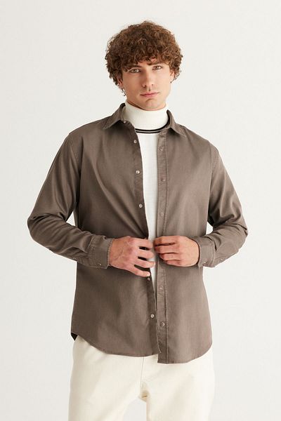 ALTINYILDIZ CLASSICS Ανδρικό πουκάμισο σε καφέ Comfort Fit Βαμβακερό διαγώνιο σχέδιο