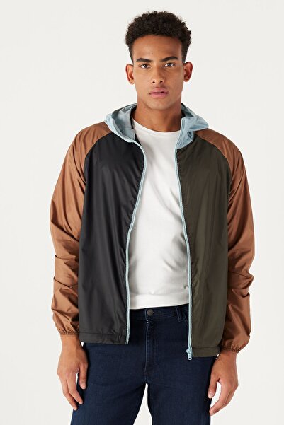 ALTINYILDIZ CLASSICS Men's Khaki Blue Standard Fit Regular Cut Hooded Patterned Coat