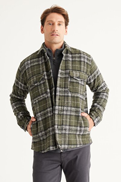 AC&Co / Altınyıldız Classics Pánská khaki oversize kostkovaná zimní košilová bunda s volným střihem na knoflíky