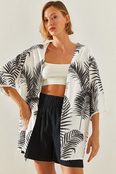 Bianco Lucci Viskose-gemusterter Kimono – Damenärmel mit Spitzendetail