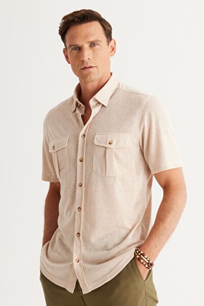 ALTINYILDIZ CLASSICS Cămașă cu mânecă scurtă pentru bărbați, bej, slim fit, cu tăietură îngustă, cu guler ascuns cu nasturi