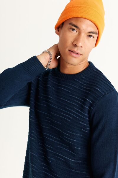 ALTINYILDIZ CLASSICS Pánský pletený svetr v námořnické modři-indigo – výstřih, vzorovaný, standardní střih