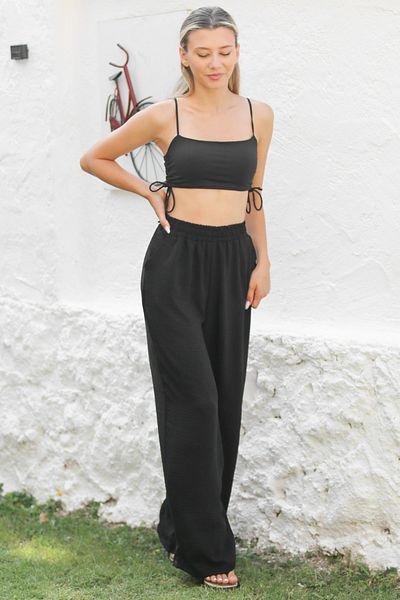 Chiccy Black Knitted Elastic Waist Wide Leg Casual Trousers with Pockets