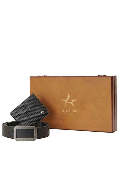ALTINYILDIZ CLASSICS Schwarzer spezieller Holzgürtel für Herren mit Geschenkbox – Kartenhalter-Zubehörset, Bräutigam-Paket