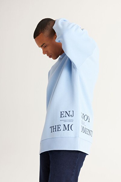 AC&Co / Altınyıldız Classics Pánská světle modrá oversize mikina volného střihu se 3 vlákny bavlněná potištěná mikina s fleecem uvnitř