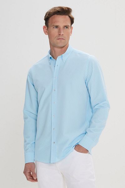 AC&Co / Altınyıldız Classics Tyrkysová košile Oxford Slim Fit - pružná, límeček na knoflíky, vzor Seersucker