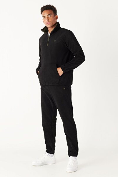 AC&Co / Altınyıldız Classics Men's Black-khaki Standard Fit Normal Cut High Bato Collar Bottom-top Fleece Tracksuit Set