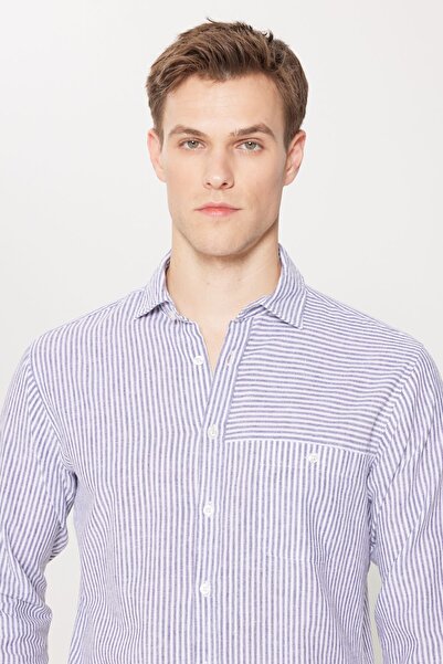 AC&Co / Altınyıldız Classics Ανδρικό ριγέ πουκάμισο σε μπλε-λευκό λινό Comfort Fit Classic γιακά