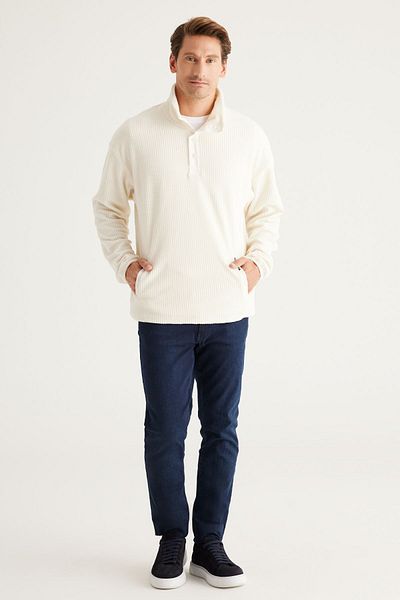 AC&Co / Altınyıldız Classics Men's Ecru Loose Fit Stand-Up Collar Jacquard Soft Touch Fleece Sweatshirt