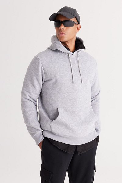 AC&Co / Altınyıldız Classics Pánská šedá mikina Melange Standard Fit, 3 nitě, Kapsa s kapucí a kapucí, bavlněná mikina s fleecem uvnitř