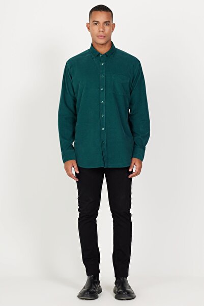 AC&Co / Altınyıldız Classics Ανδρικό πουκάμισο από βελούδινο γιακά με φαρδιά κουμπιά Comfort Fit σε σκούρο πράσινο χρώμα