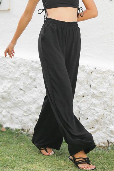 Chiccy Black Knitted Elastic Waist Wide Leg Casual Trousers with Pockets