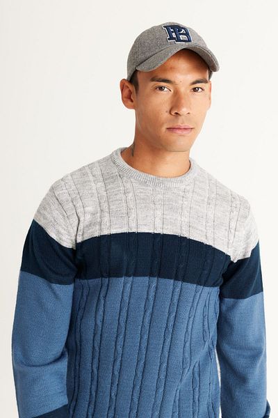 AC&Co / Altınyıldız Classics Herren-Strickpullover in Grau Melange-Indigo, Standard-Passform, regulärer Schnitt, Rundhalsausschnitt, Colorblok-Muster