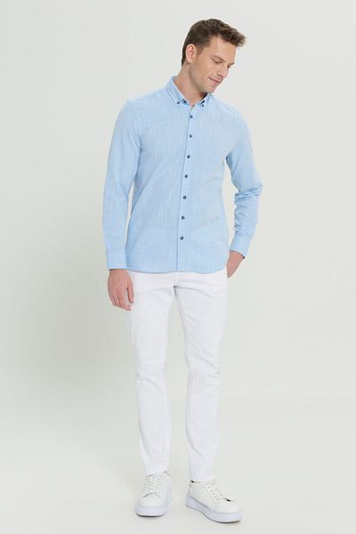 AC&Co / Altınyıldız Classics Men's Light Blue Slim Fit Slim Fit 100% Cotton Dobby Button Collar Casual Shirt