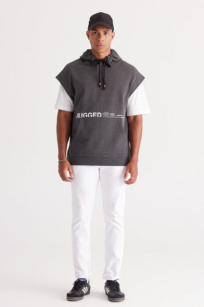 AC&Co / Altınyıldız Classics Herren-Sweatshirt mit Kapuze, Anthrazit-Melange, lockere Passform, 3-fädig, bedruckt