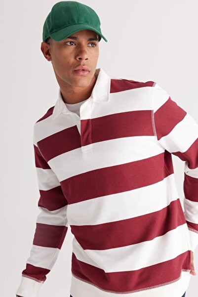 AC&Co / Altınyıldız Classics Men's Fleece Cotton Sweatshirt - Ecru-Burgundy, Polo Collar, 3 Thread, Regular Cut