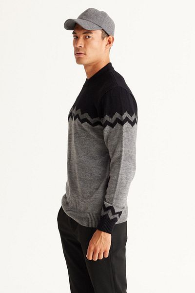 AC&Co / Altınyıldız Classics Schwarzgrauer Melange-Strickpullover mit normaler Passform und normalem Schnitt, halber Rollkragenpullover und Zickzackmuster für Herren