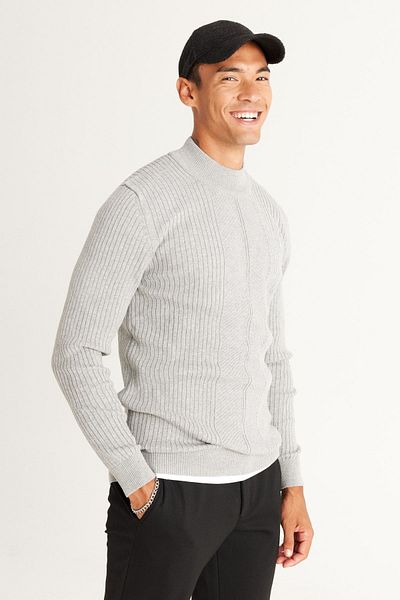 AC&Co / Altınyıldız Classics Men's Gray Melange Slim Fit Slim Fit Half Turtleneck Cotton Jacquard Knitwear Sweater