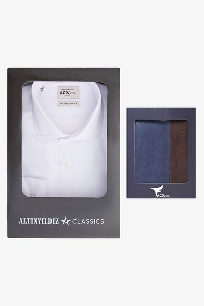 AC&Co / Altınyıldız Classics Men's White-Navy-Brown Custom Gift Boxed Slim Fit Cotton Shirt-Wallet Set