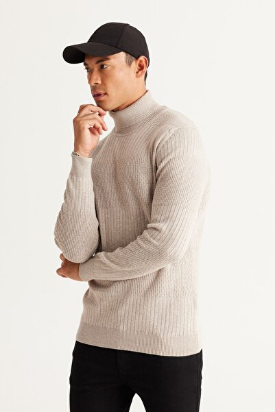 AC&Co / Altınyıldız Classics Men's Beige Melange Standard Fit Regular Cut Full Turtleneck Cotton Jacquard Knitwear Sweater