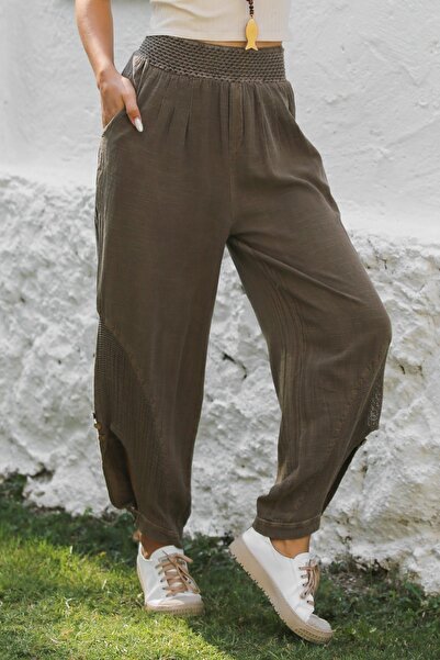 Chiccy Light Brown Colored - Washed Elastic Waist Jogger Pants with Pockets and Mesh Detail