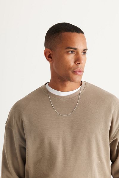 AC&Co / Altınyıldız Classics Men's Light Khaki Loose Fit 3 Thread Crew Neck Jacquard Sweatshirt with Fleece Inside