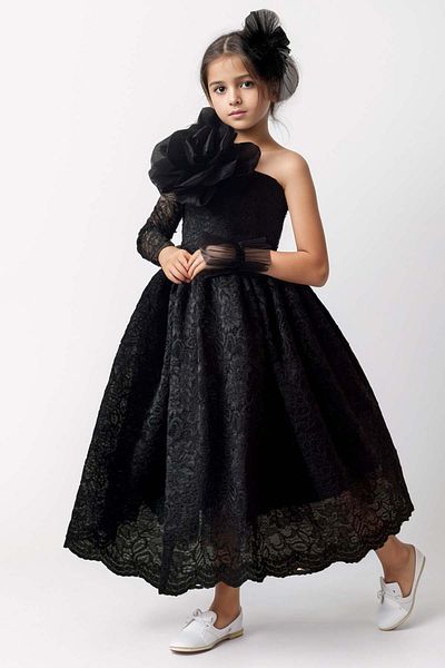 Riccotarz Black Girl's Dress with Single Sleeve and Flower Brooch and Lace Detail