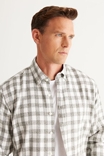 ALTINYILDIZ CLASSICS Ανδρικό εκρού-χακί πουκάμισο φανέλα ξυλοκόπο με χαλαρή εφαρμογή γιακά με κουμπί