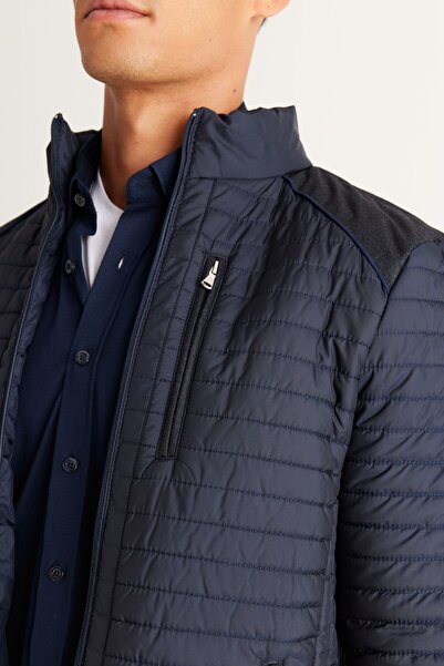 ALTINYILDIZ CLASSICS Sötétkék férfi kabát - standard szabású, állógallér, mintás