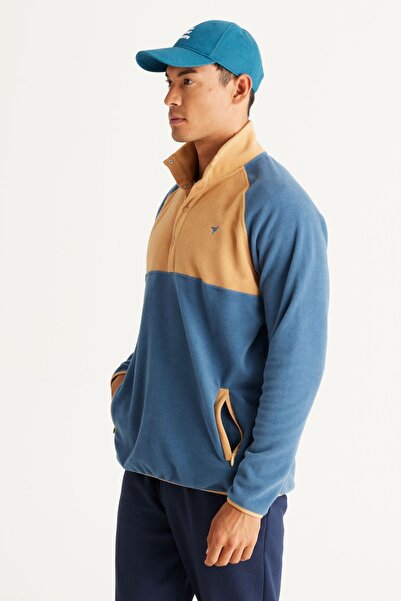 AC&Co / Altınyıldız Classics Erkek Indigo-Karamel Standard Fit Normal Kesim Dik Bato Yaka Desenli Polar Sweatshirt