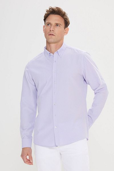 AC&Co / Altınyıldız Classics Ανδρικό λιλά ελαστικό πουκάμισο Oxford - Seersucker μοτίβο, λεπτή εφαρμογή, εύκολο σίδερο, γιακάς με κουμπιά