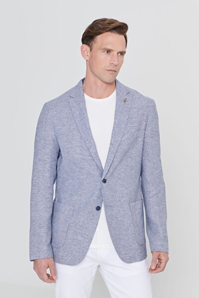 AC&Co / Altınyıldız Classics Férfi sötétkék karcsúsított, vékonyan illeszkedő lenvászon mintás mono galléros táska zsebes blézer dzseki