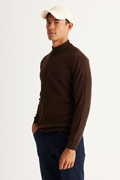 ALTINYILDIZ CLASSICS Pulover din tricotaje din bumbac maro pentru bărbați - Jumătate cu gât roscat, Croială Standard