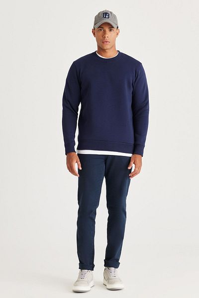 AC&Co / Altınyıldız Classics Marineblaues Herren-Sweatshirt mit Standard-Passform und normalem Schnitt aus 3-fädigem Baumwoll-Sweatshirt mit Rundhalsausschnitt und Innenfleece
