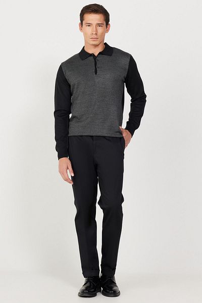 ALTINYILDIZ CLASSICS Ανδρικό μαύρη λεπτή εφαρμογή Slim-fit ύφασμα Gabardine με σχέδιο βαμβακερό εύκαμπτο ελαστικό παντελόνι μέσης