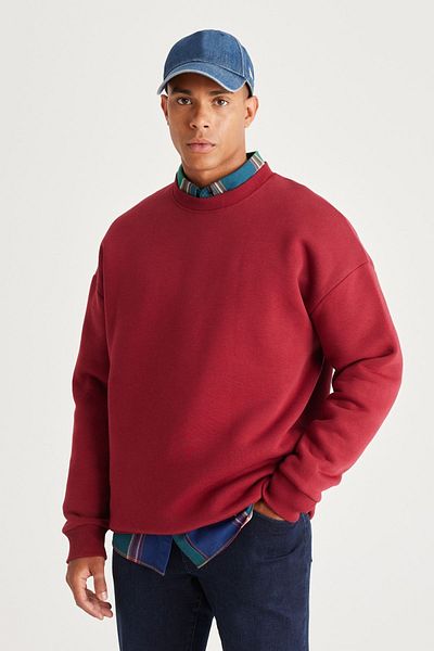AC&Co / Altınyıldız Classics Pánská bordó fleecová oversize bavlněná mikina – 3 vlákna, výstřih