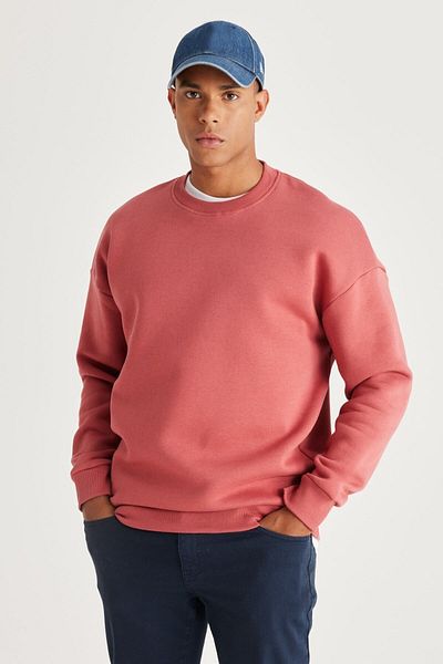 AC&Co / Altınyıldız Classics Korallenrotes Oversize-Sweatshirt aus locker geschnittener 3-fädiger Baumwolle mit Rundhalsausschnitt und Fleece-Innenseite