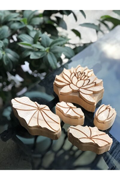 Hayat Ağacı Atölyesi Lotus Flower Patterned 5-Piece Linden Wood Print Set