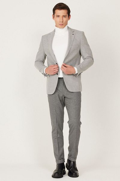 ALTINYILDIZ CLASSICS Ανδρικό Γκρι Slim Fit Slim Fit Μονόχρωμο γιακά με σχέδιο μάλλινο σακάκι