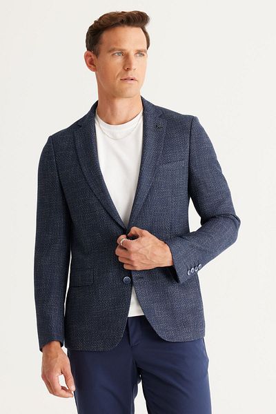ALTINYILDIZ CLASSICS Herren-Blazer in Marineblau-Weiß mit schmaler Passform und gemustertem Monokragen